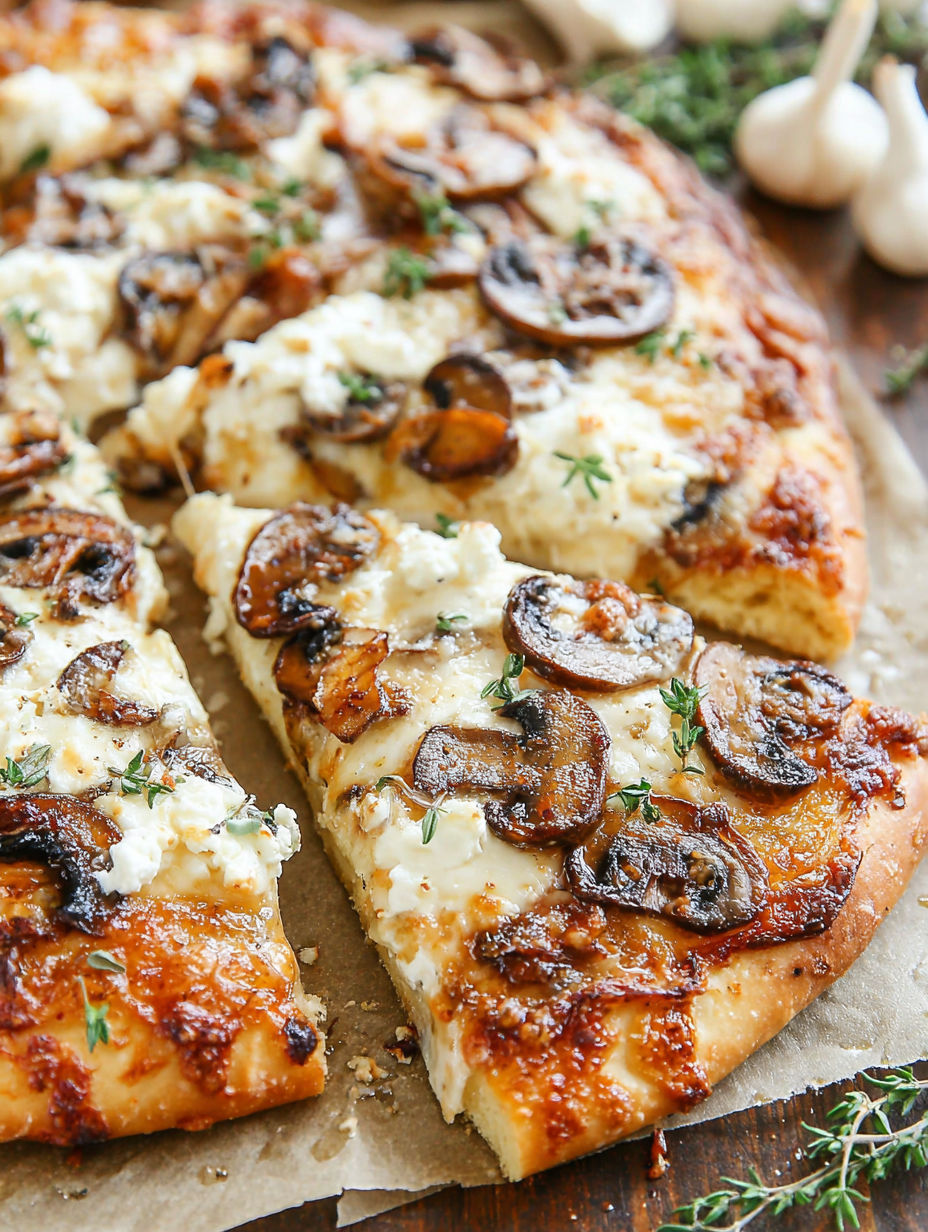 A slice of white mushroom pizza.