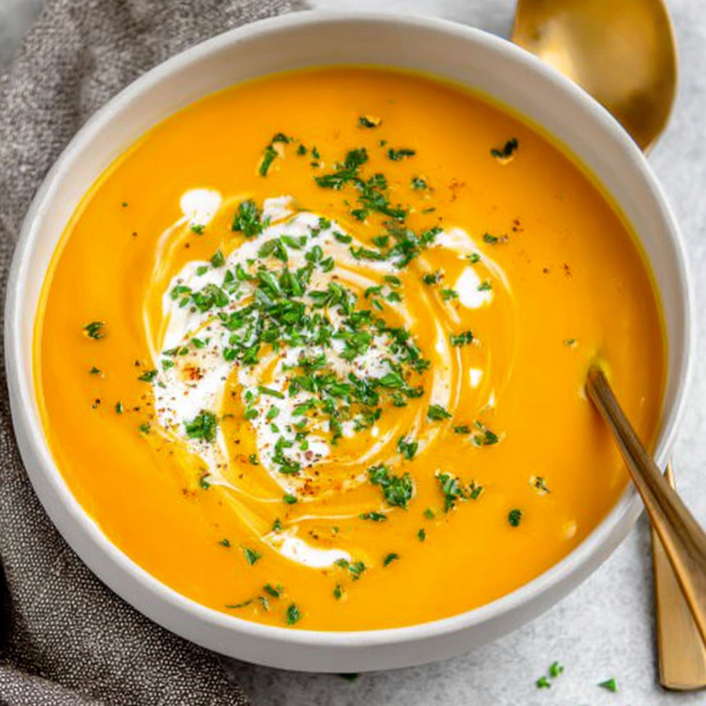 A bowl of soup with green herbs on top.