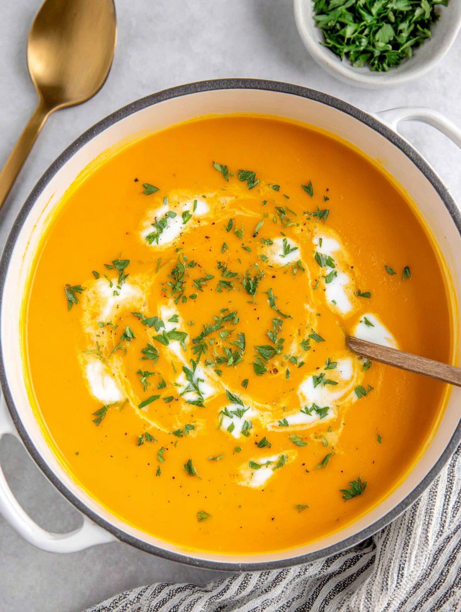 A bowl of soup with a spoon in it.