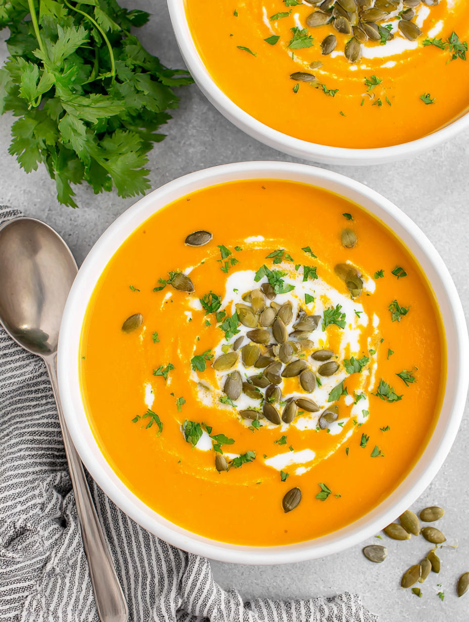 A bowl of sweet potato soup with a spoon in it.