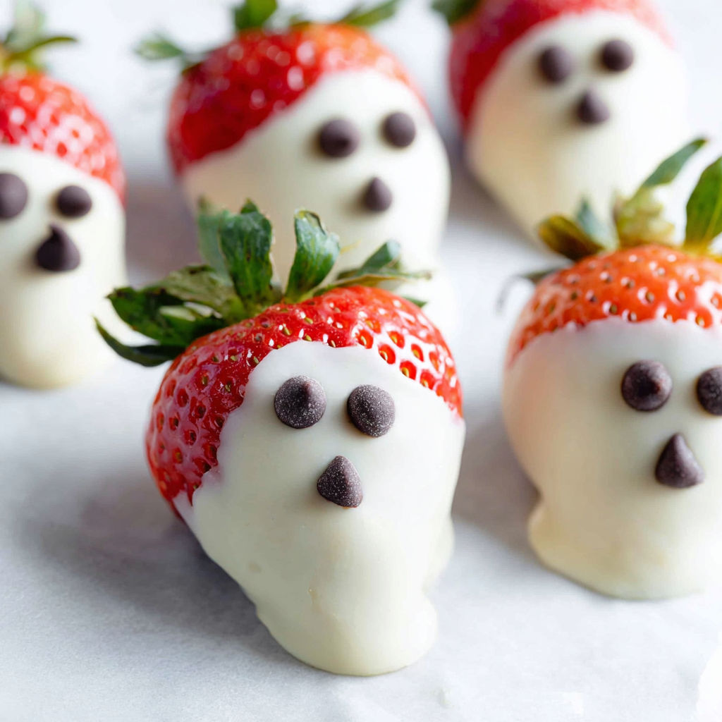 A plate of chocolate covered strawberries with white icing and chocolate eyes.