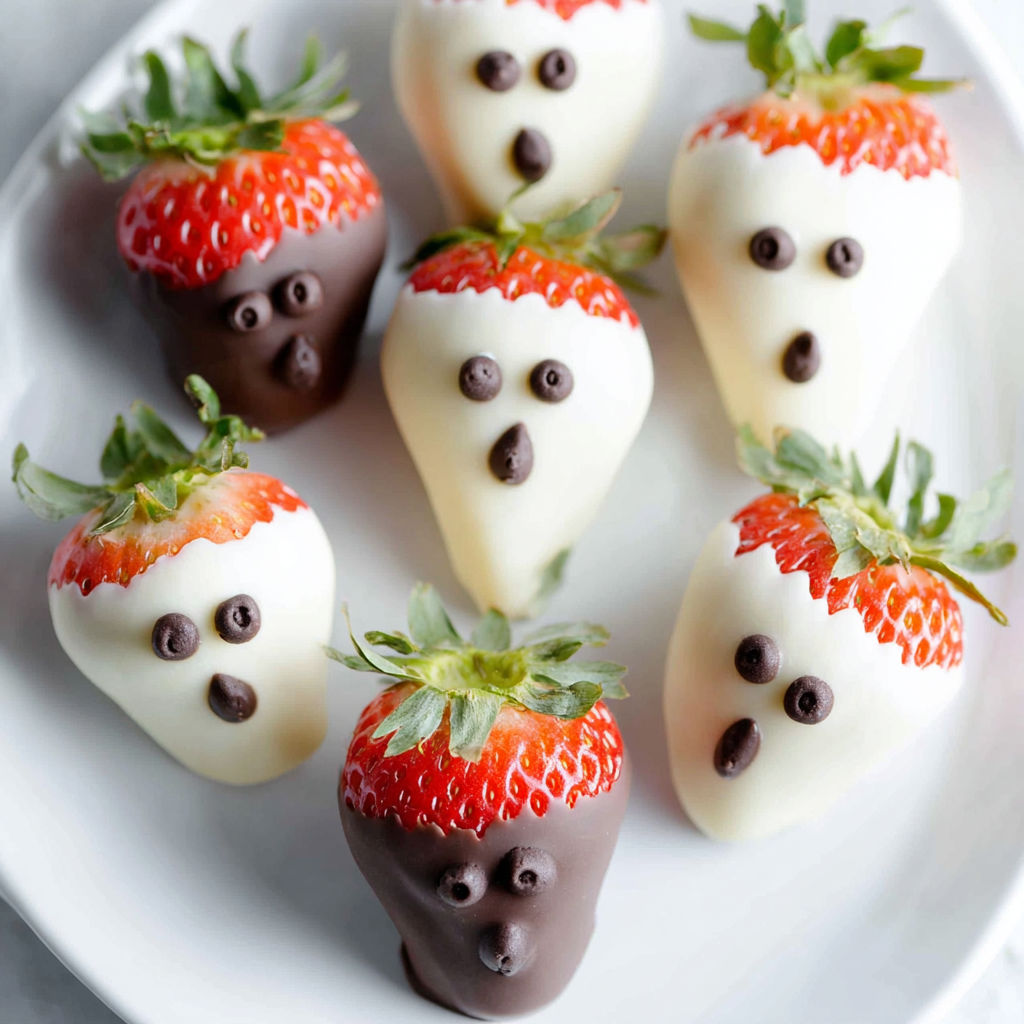 A plate of chocolate covered strawberries with eyes drawn on them.