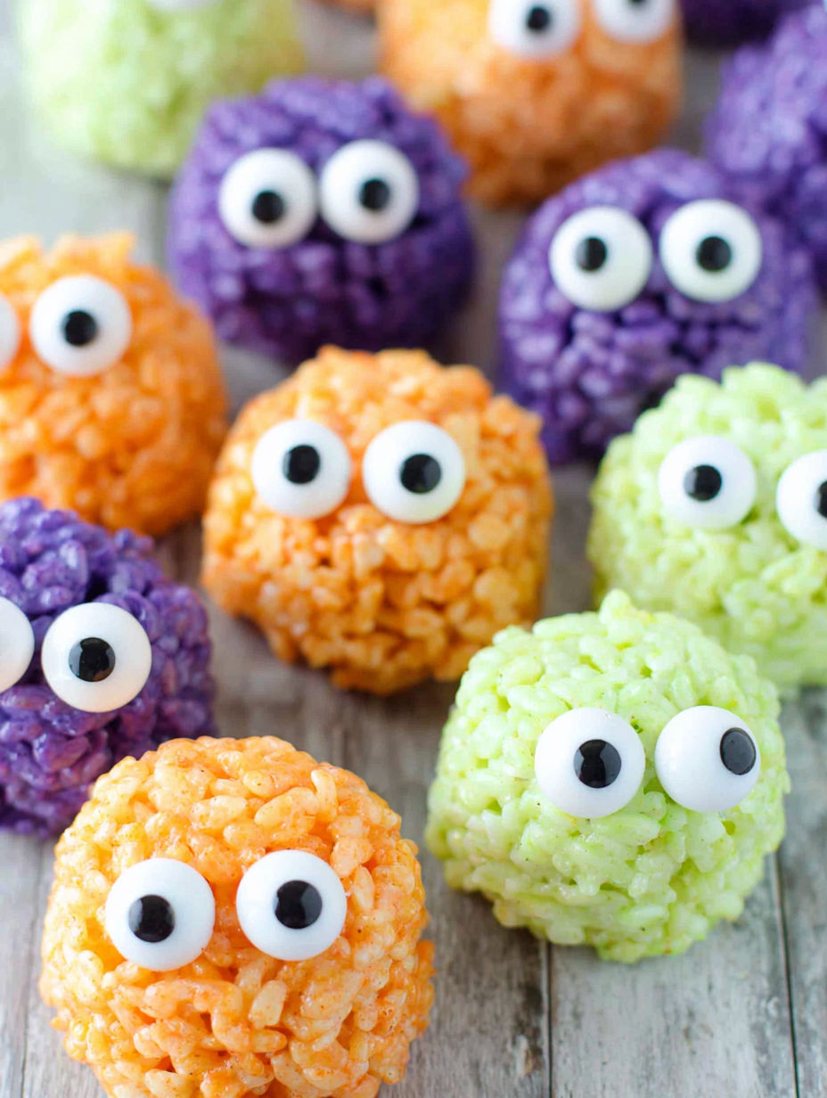 A collection of rice krispie treats with googly eyes.