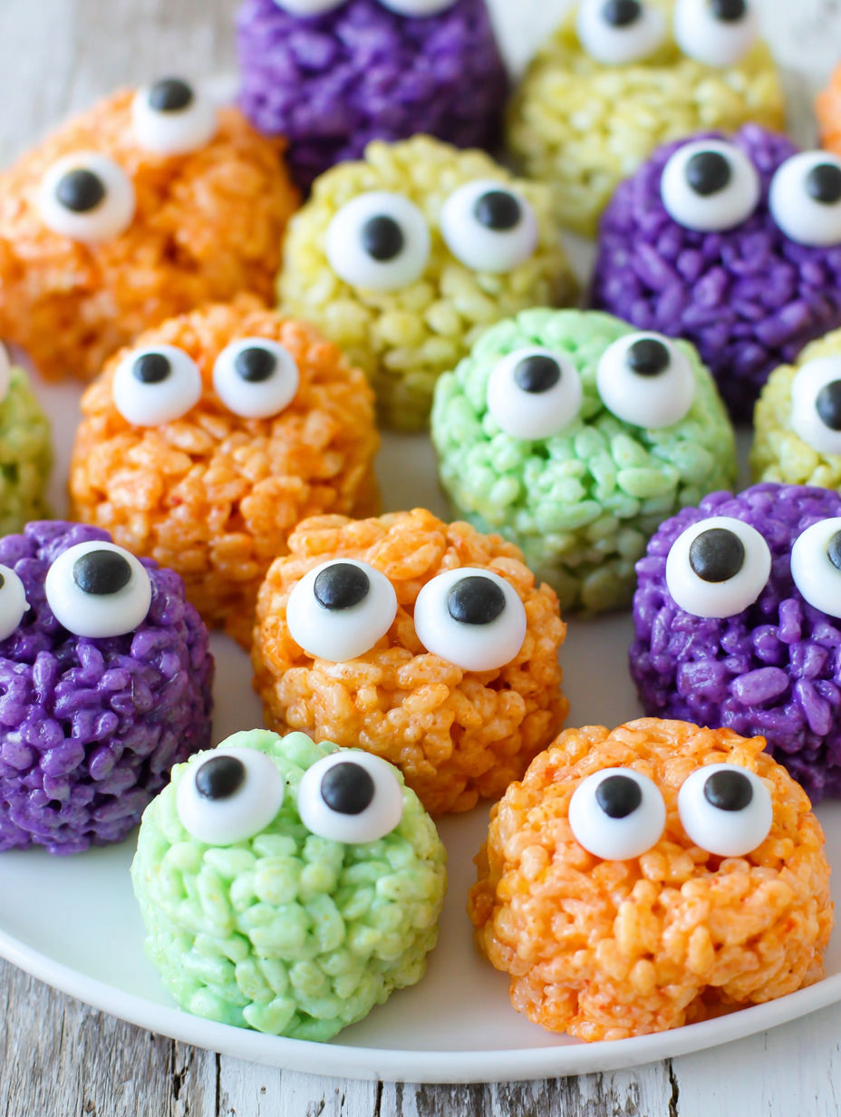 A plate of rice krispie treats shaped like eyes.