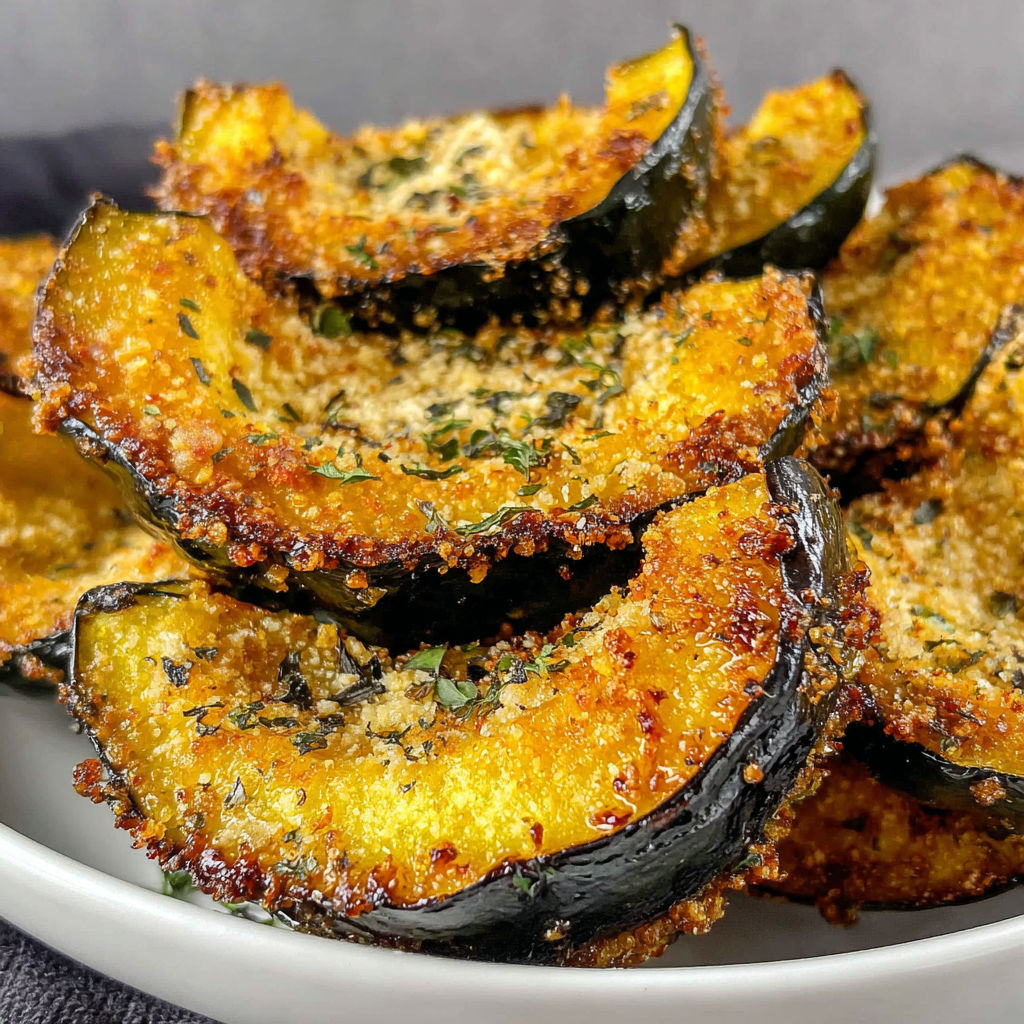 A plate of baked parmesan garlic acorn squash.