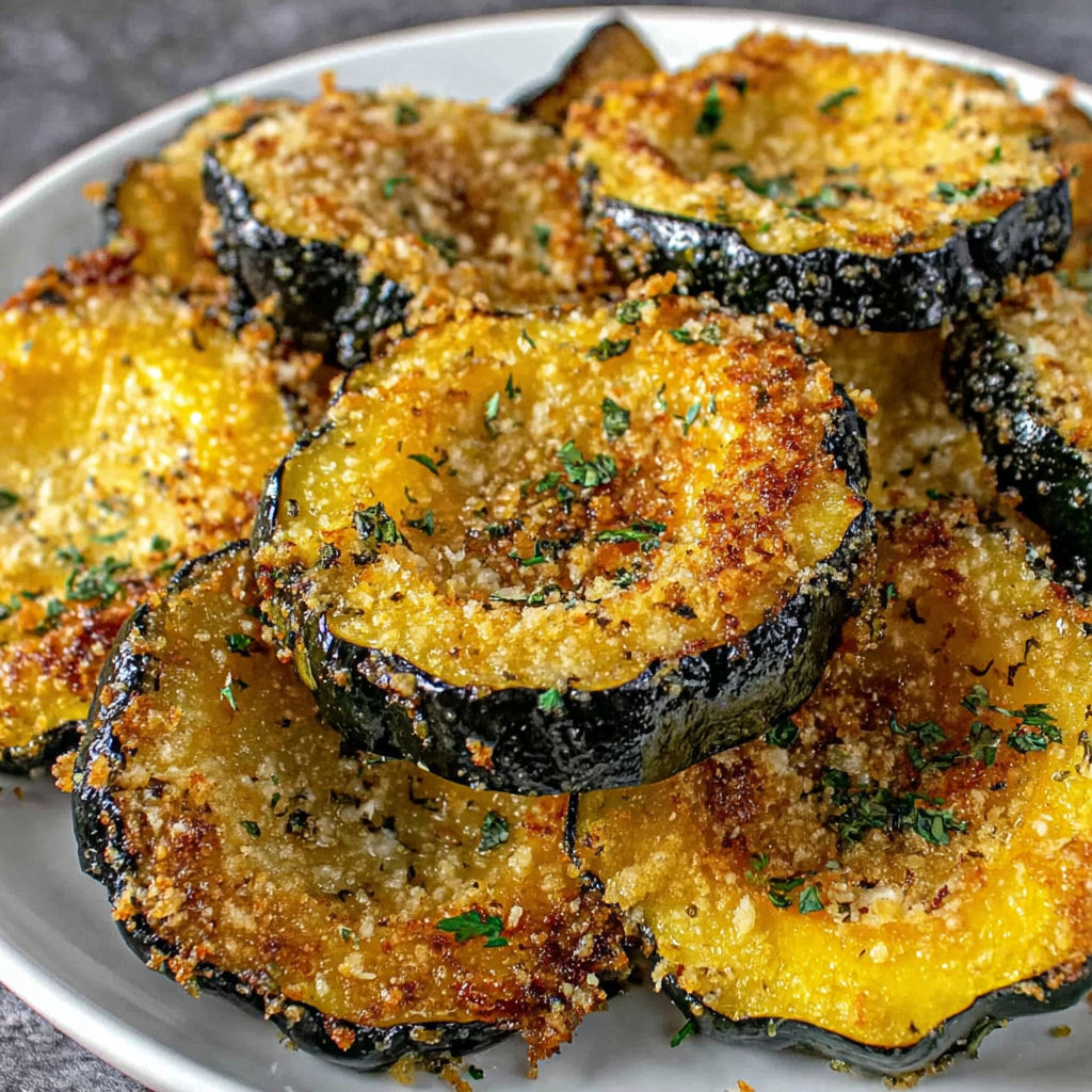 A plate of baked Parmesan garlic acorn squash.