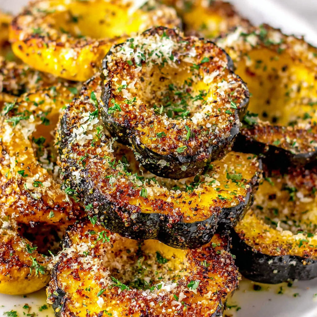 A plate of roasted acorn squash with Parmesan cheese.