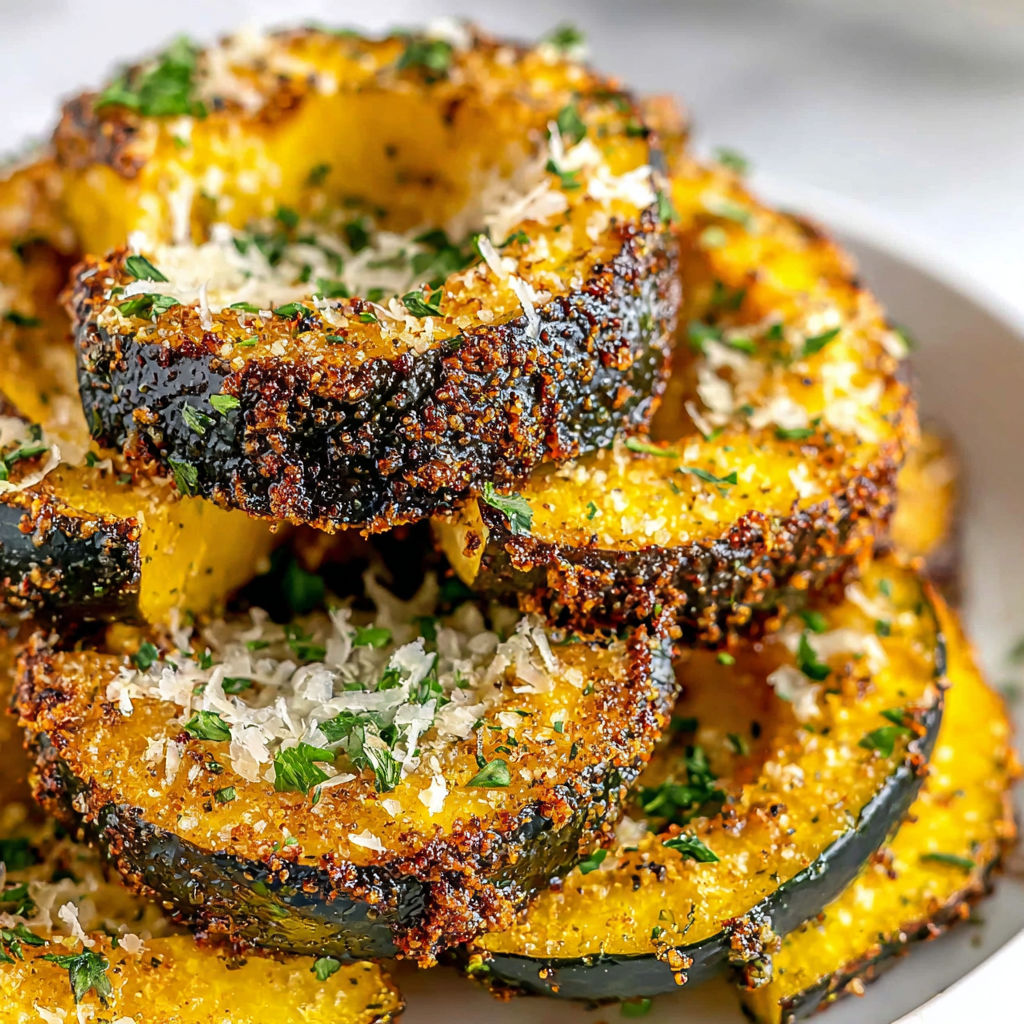 A plate of roasted acorn squash with Parmesan cheese.