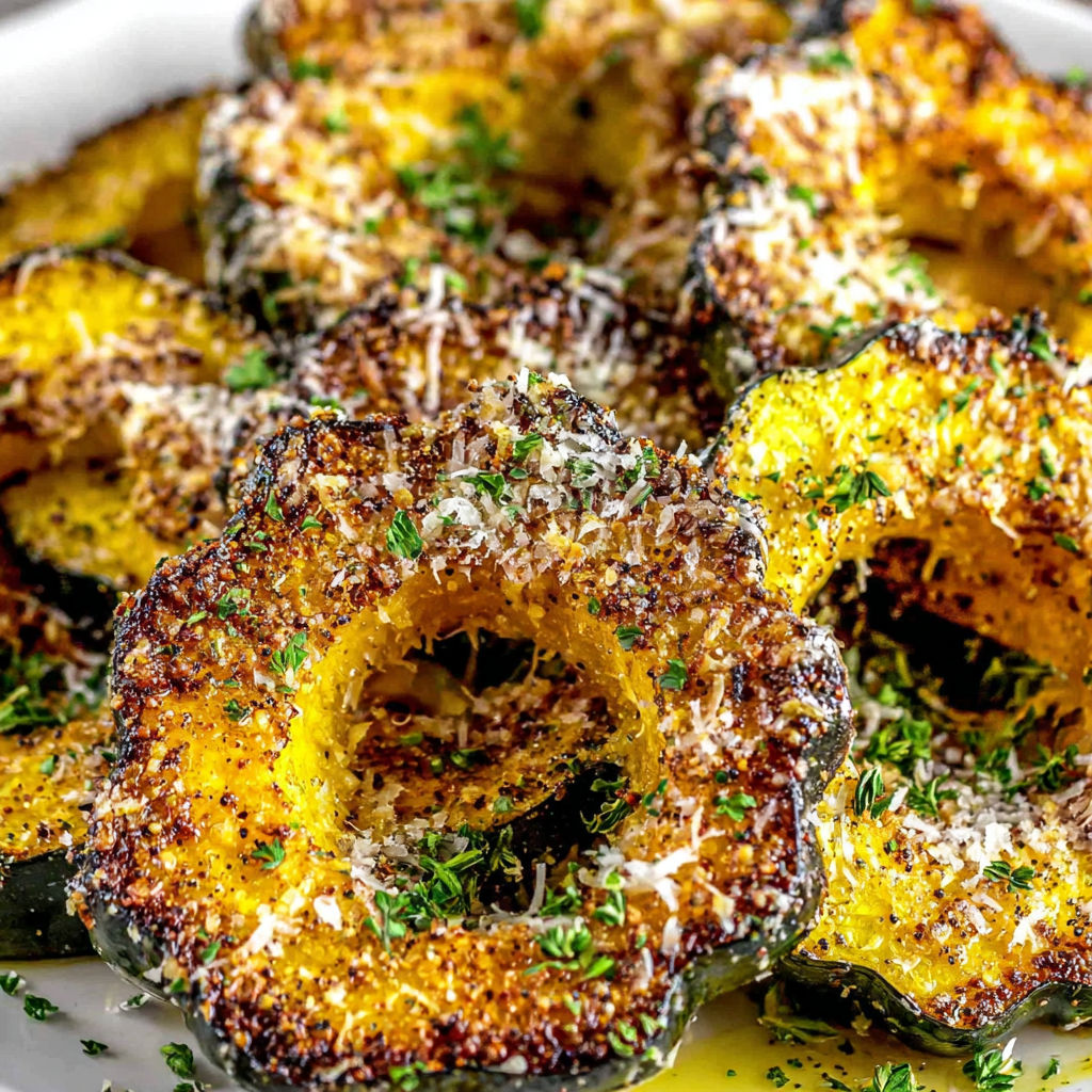 A plate of roasted acorn squash with Parmesan cheese.