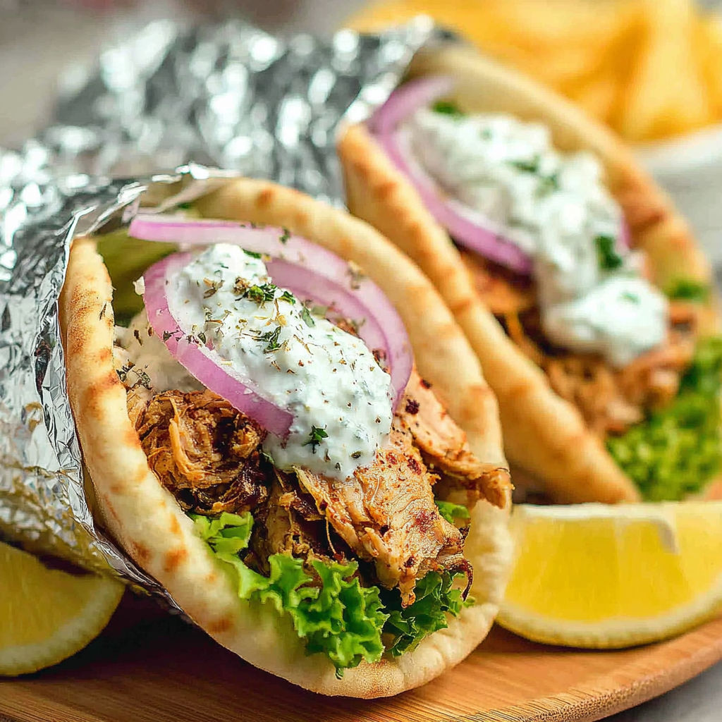 A homemade slow cooker chicken shawarma is served in a pita bread with lettuce and onions.