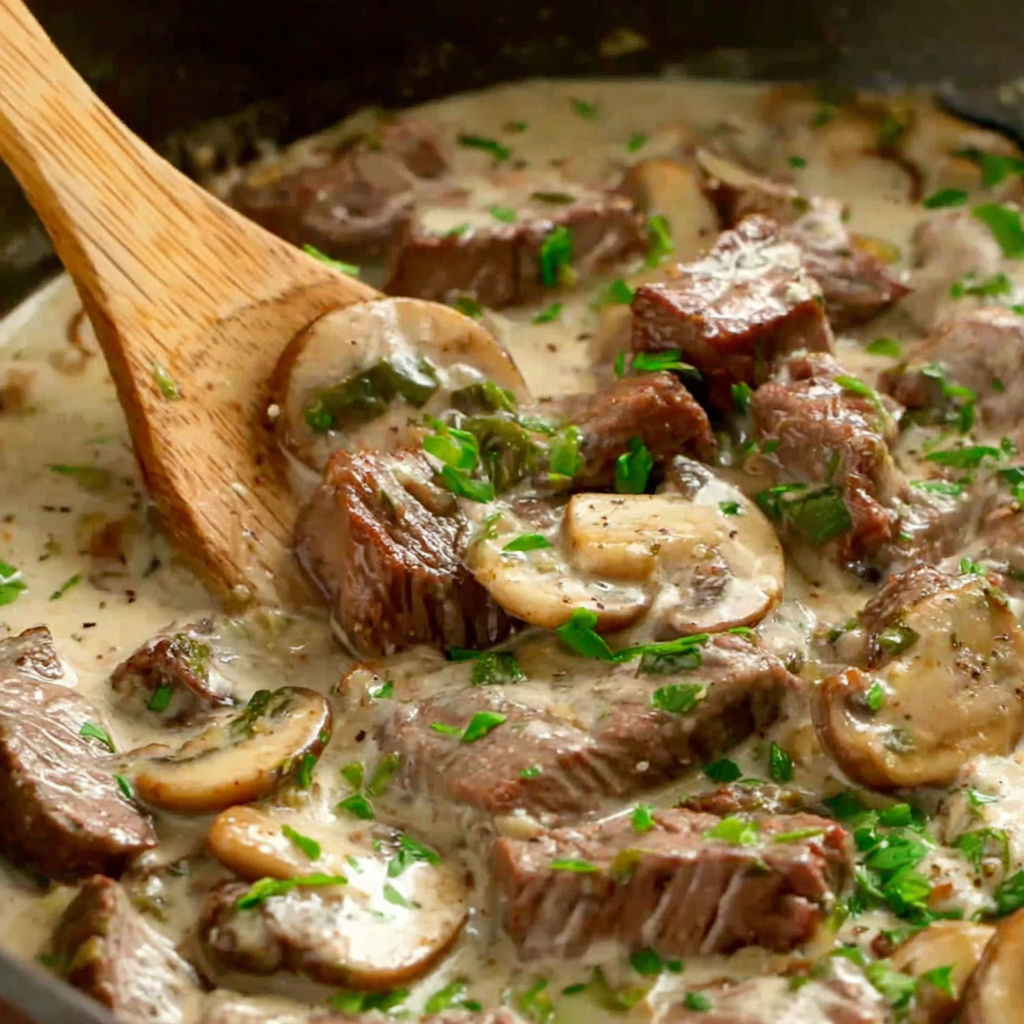 A bowl of creamy beef stroganoff with mushrooms and green onions.