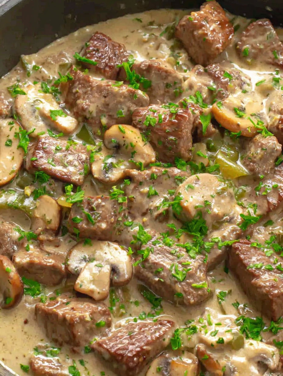A close up of a delicious beef stroganoff.