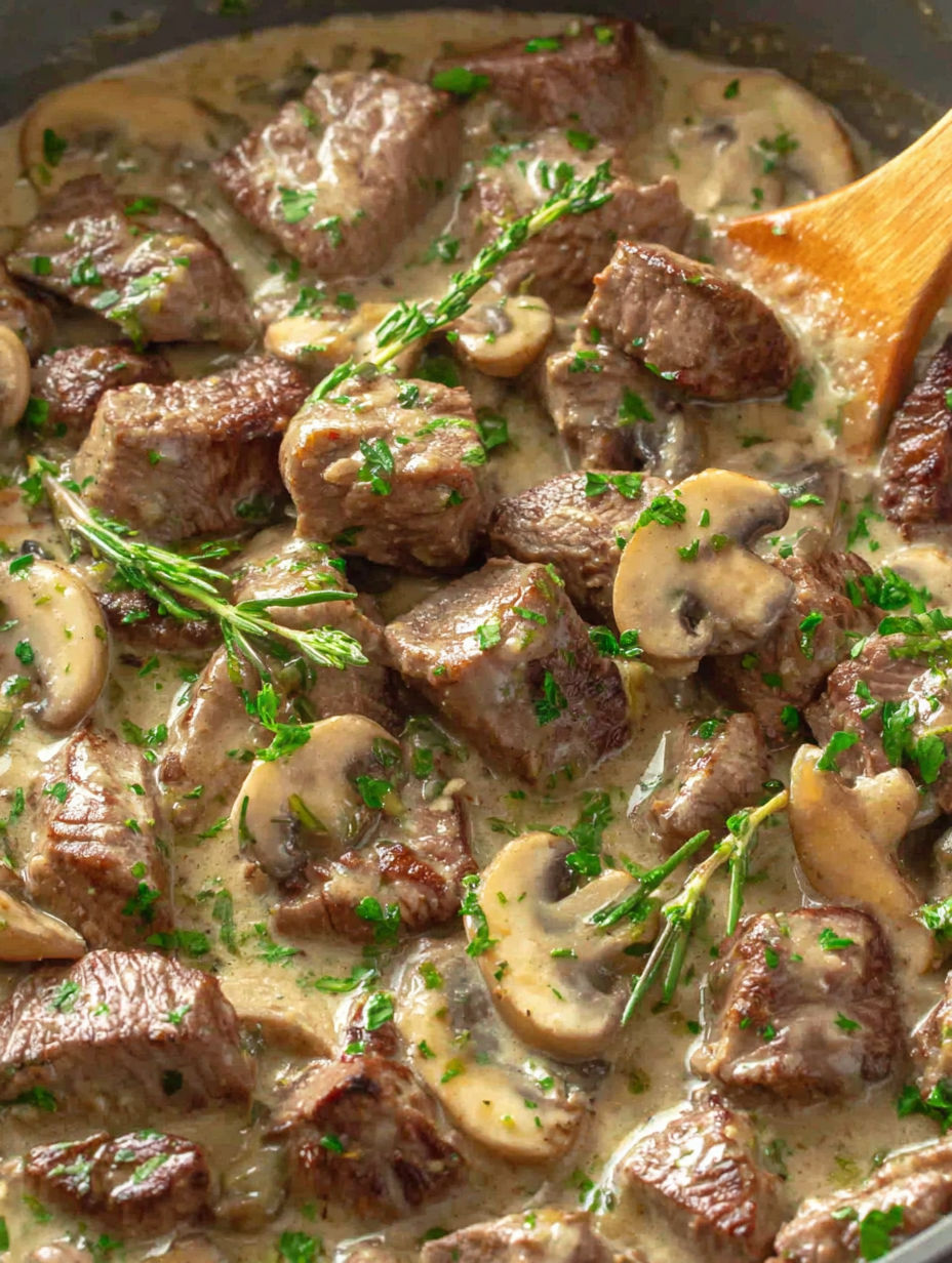 A close up of a delicious beef stroganoff.