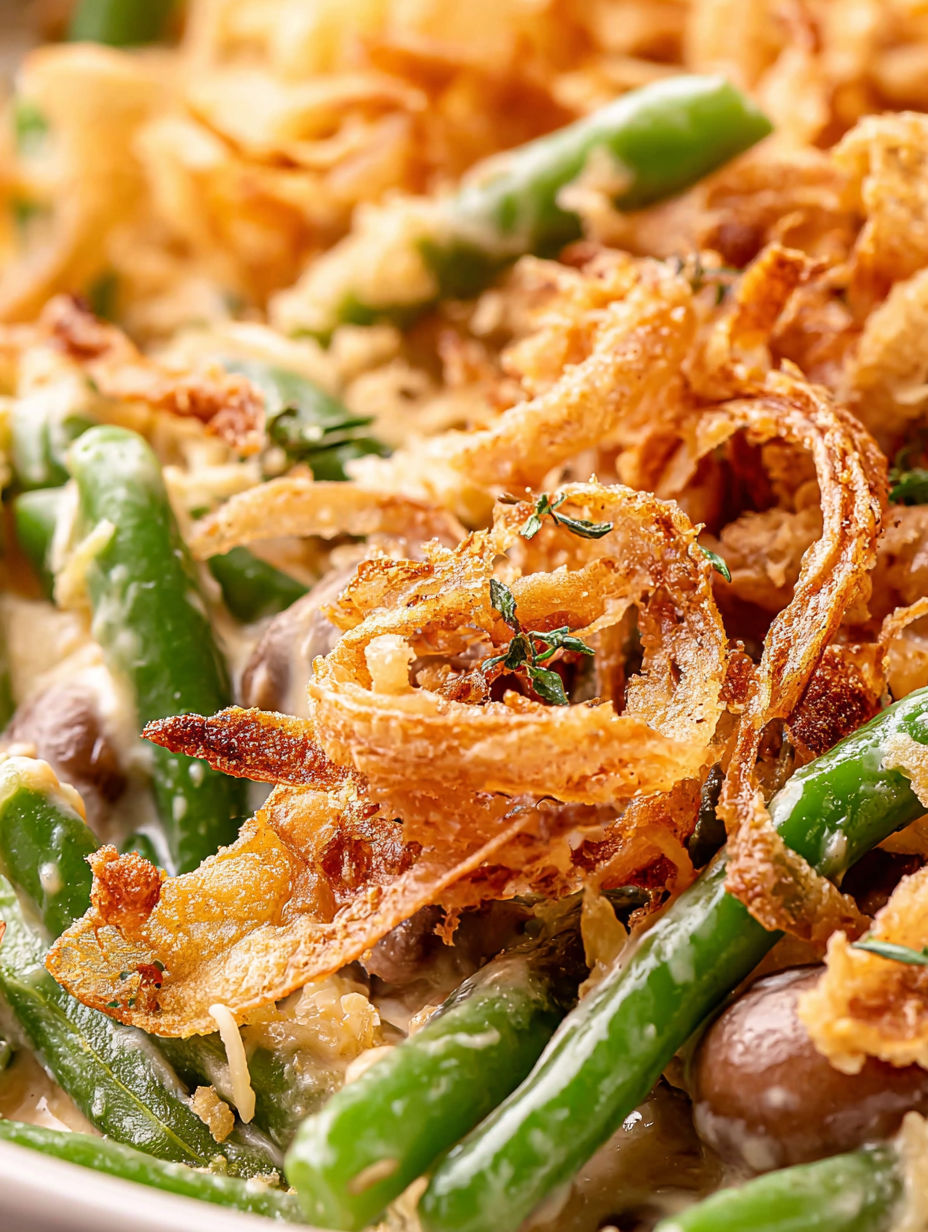 A close up of a creamy green bean casserole.