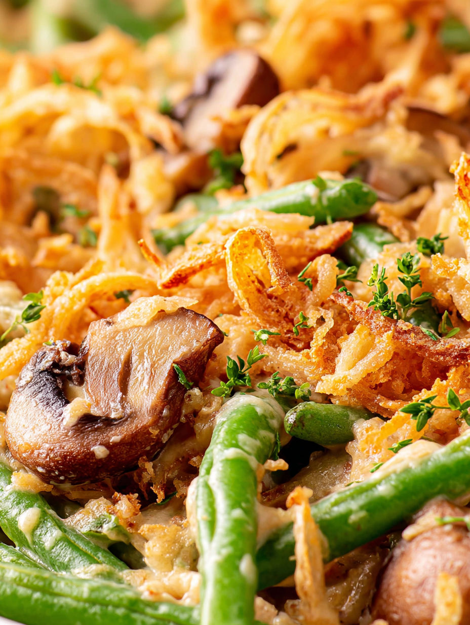 A close up of a creamy green bean casserole from scratch.