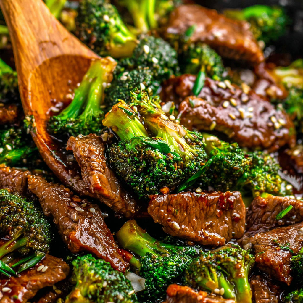 A close up of a beef and broccoli dish.