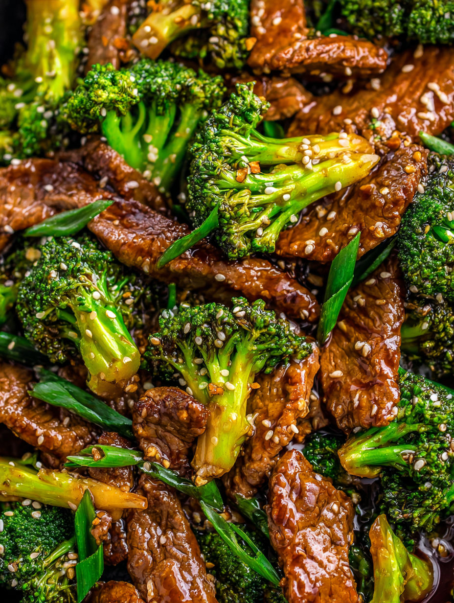 A close up of beef and broccoli.