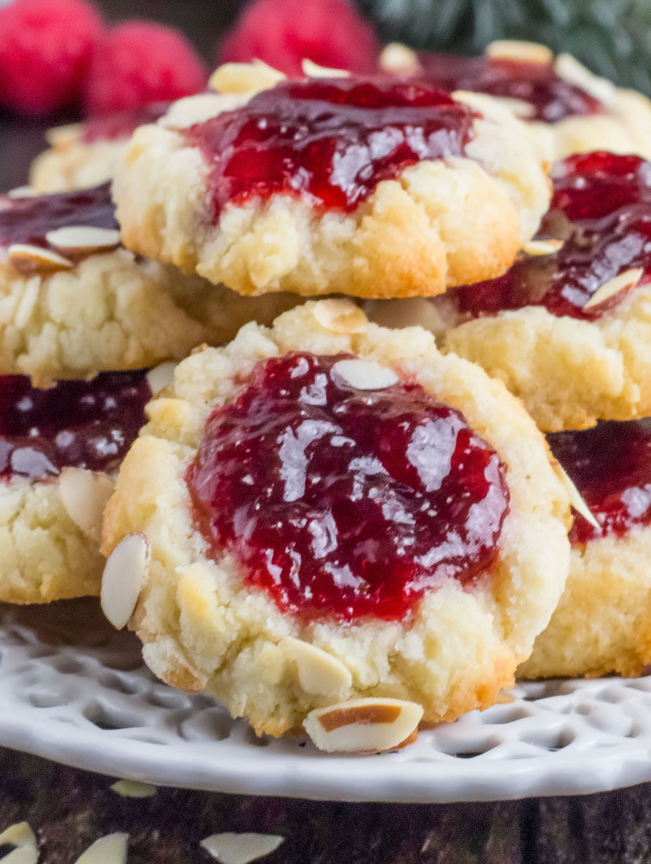 A stack of cookies with raspberry jam in the middle.