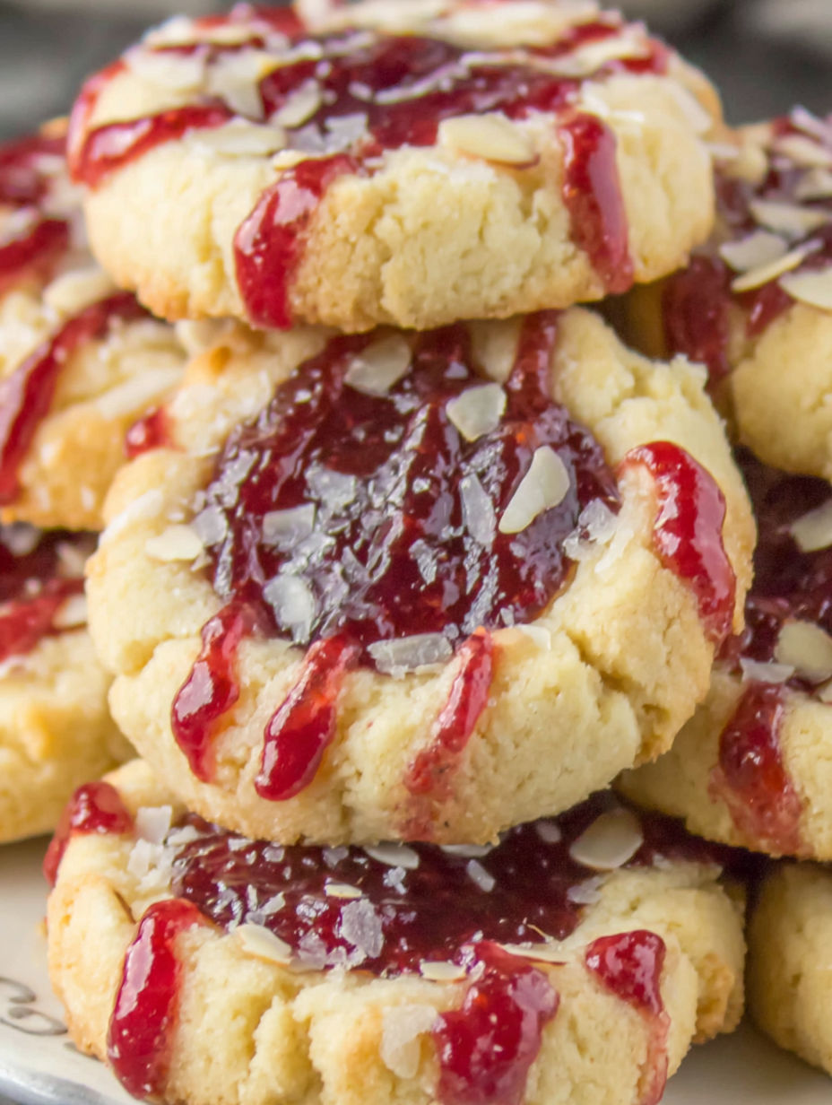 A stack of cookies with raspberry jam on top.