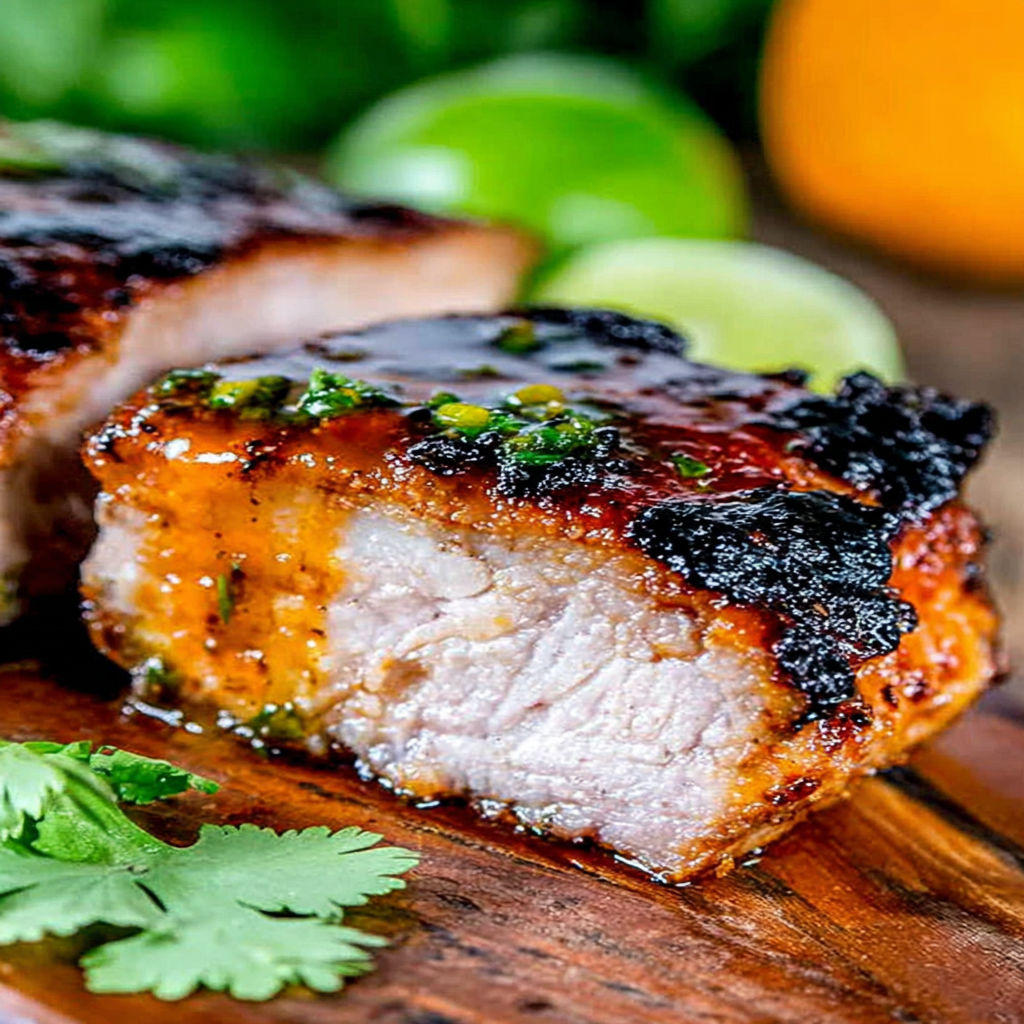 A piece of meat with a green herb on top.