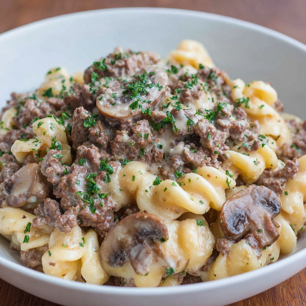 A bowl of beef stroganoff with mushrooms and herbs.