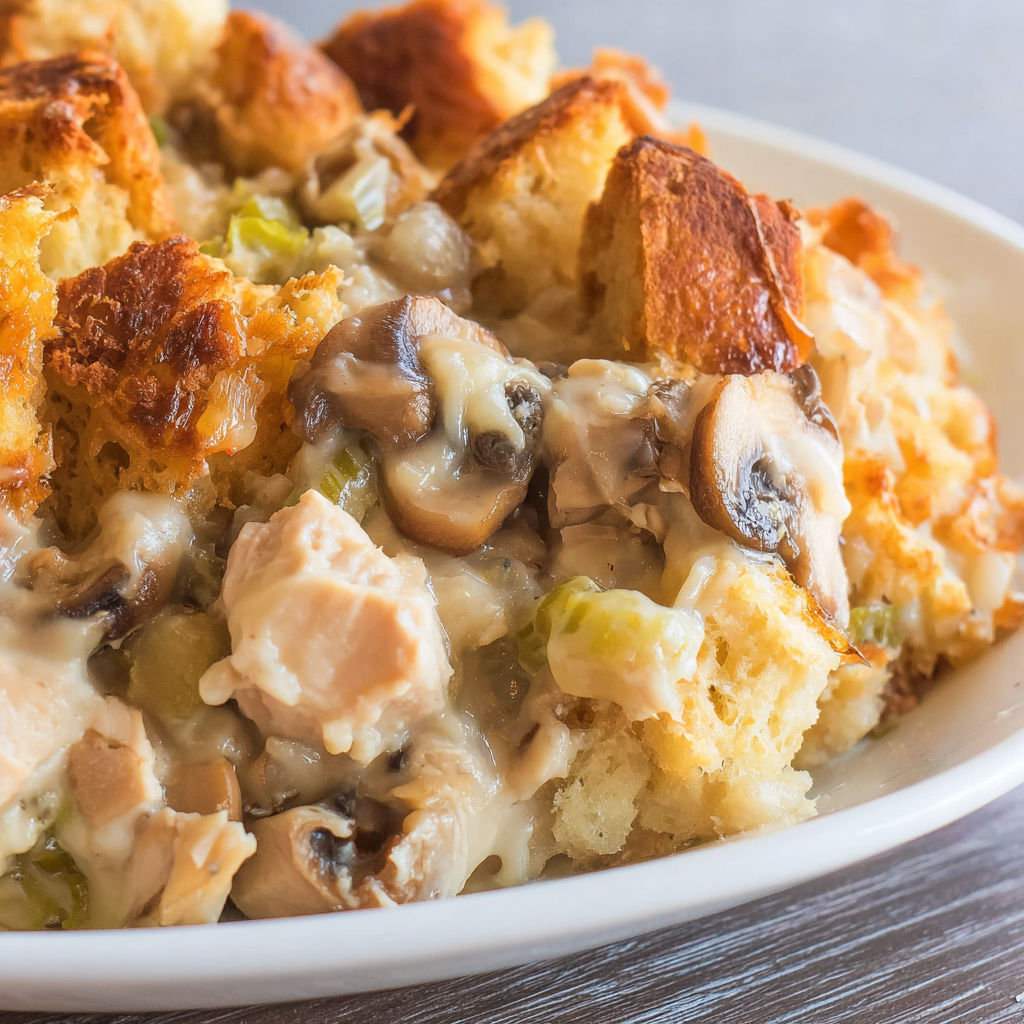 A white plate with a chicken and stuffing casserole.