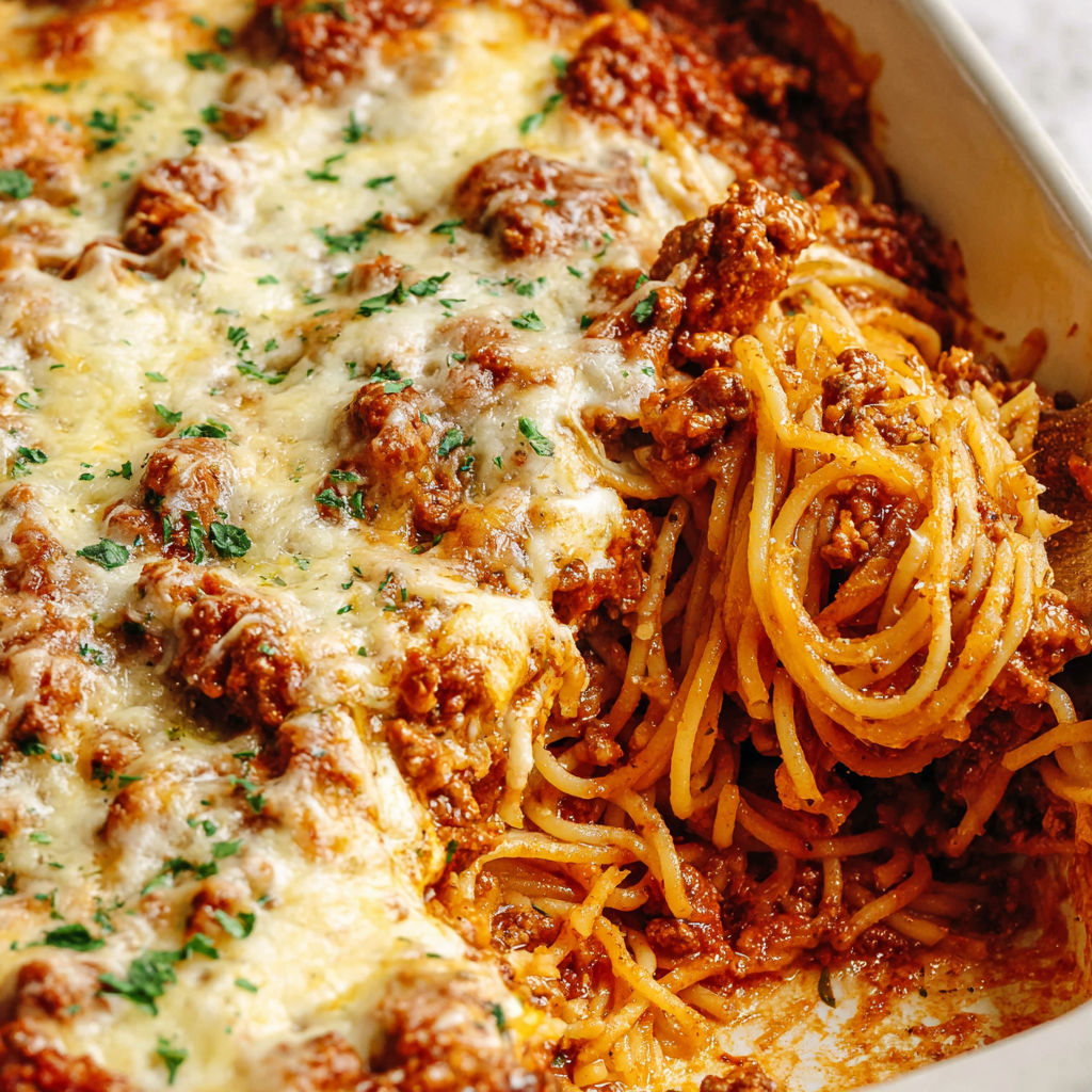 A close up of a spaghetti casserole with meat and cheese.
