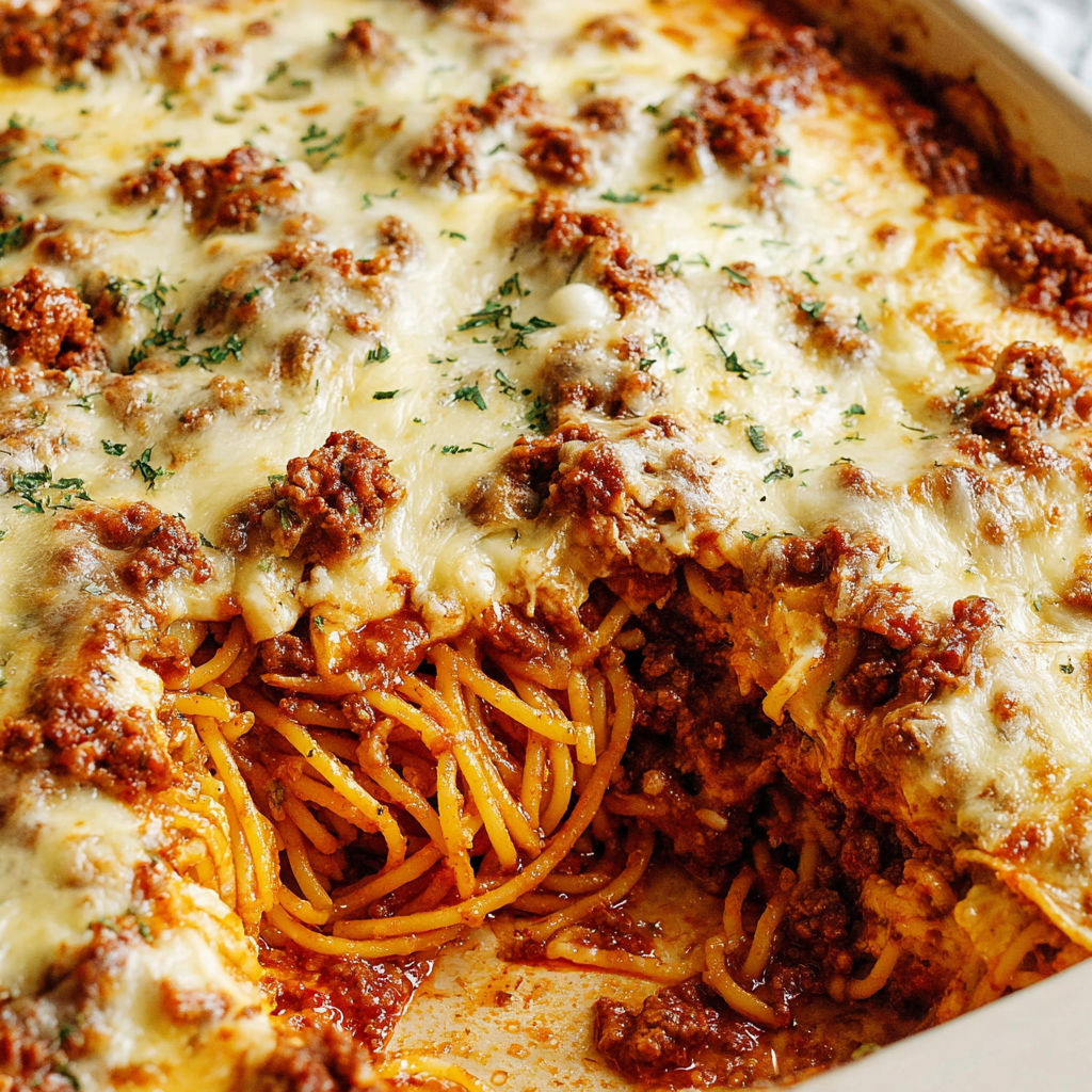 A delicious spaghetti casserole with meat and cheese.