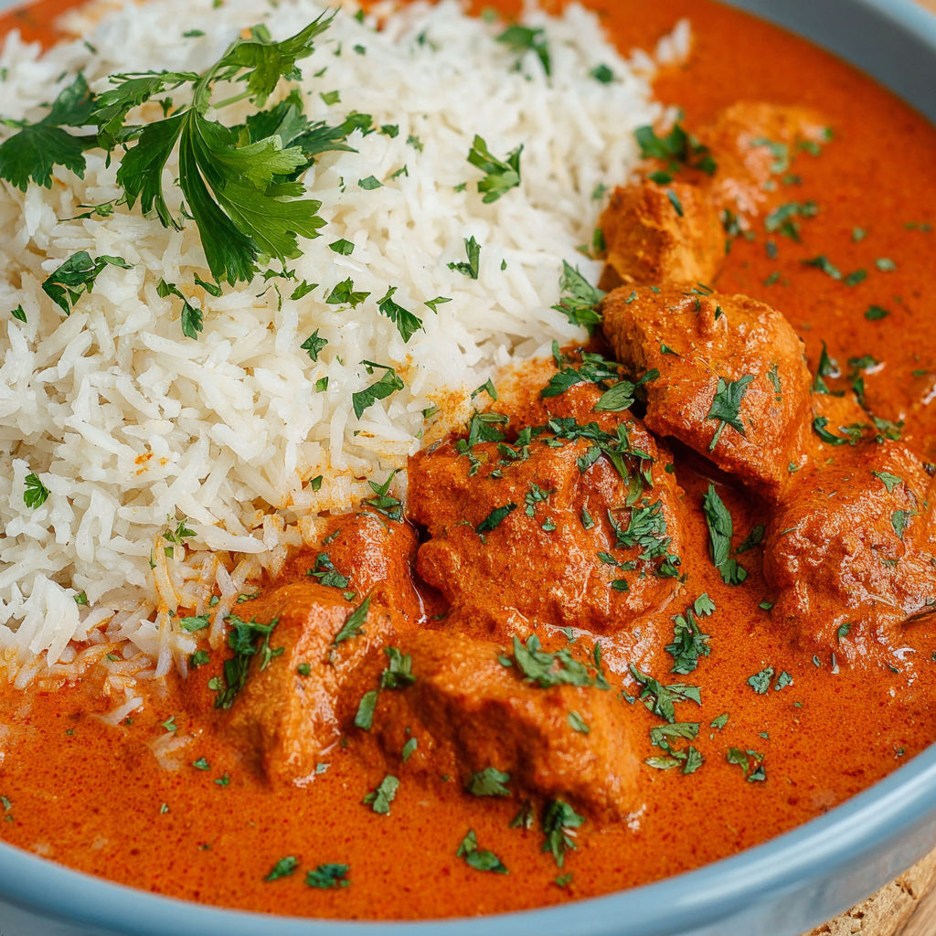 A bowl of butter chicken with rice.