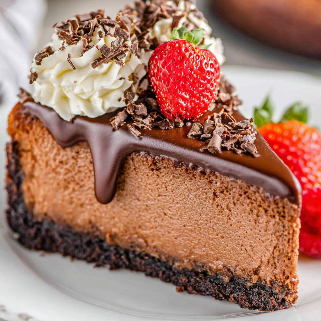 A slice of chocolate cheesecake with strawberries on top.
