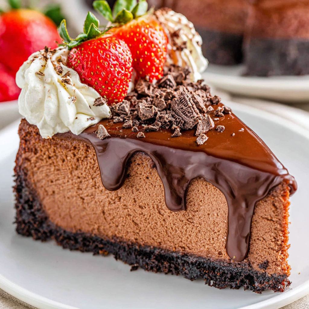 A slice of chocolate cheesecake with chocolate drizzle.