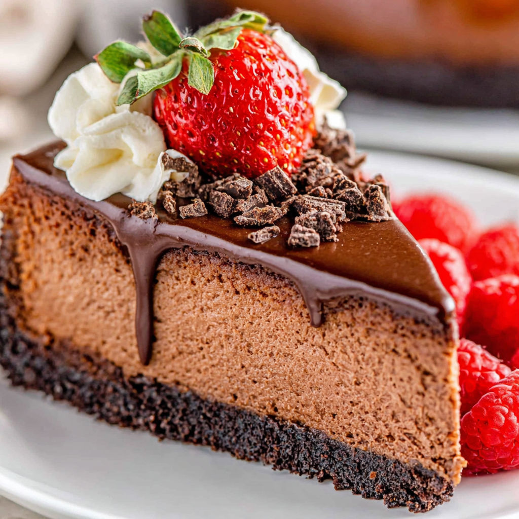 A slice of chocolate cheesecake with a strawberry on top.