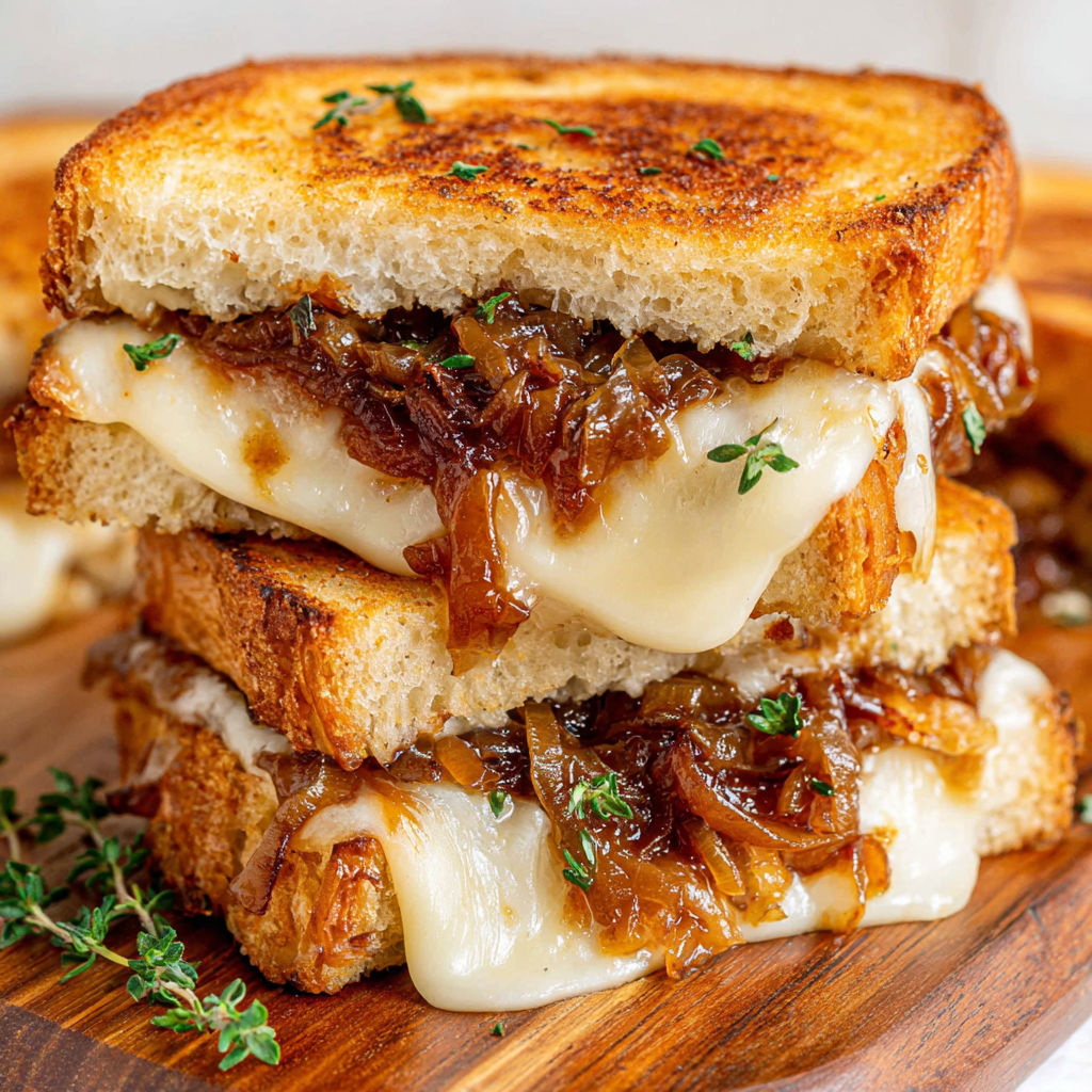 A stack of grilled cheese sandwiches with onions.