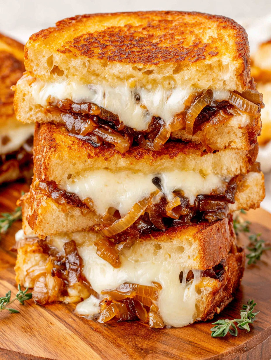 A stack of French Onion Grilled Cheese sandwiches.