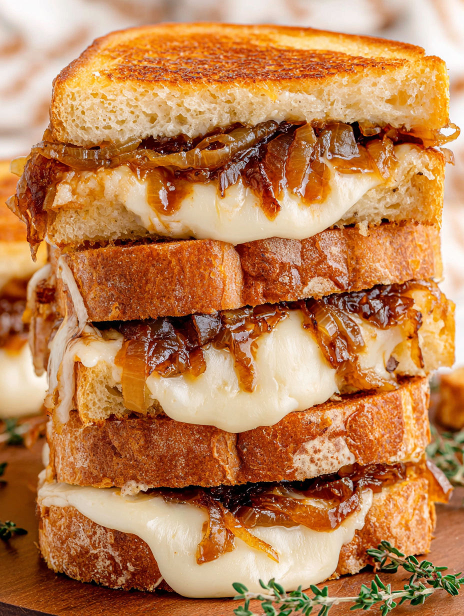A stack of French Onion Grilled Cheese sandwiches.
