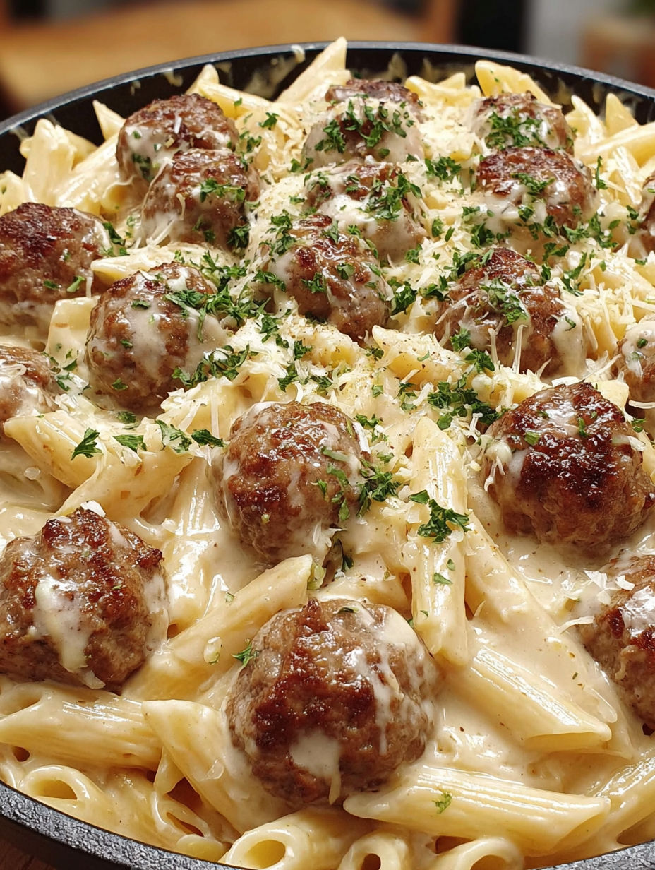 A dish of creamy meatballs with noodles.