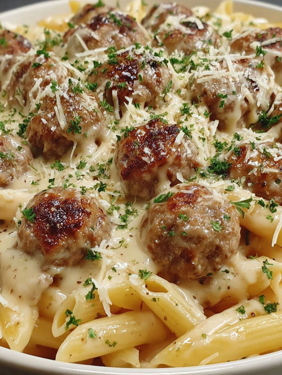 A plate of pasta with meatballs on top.