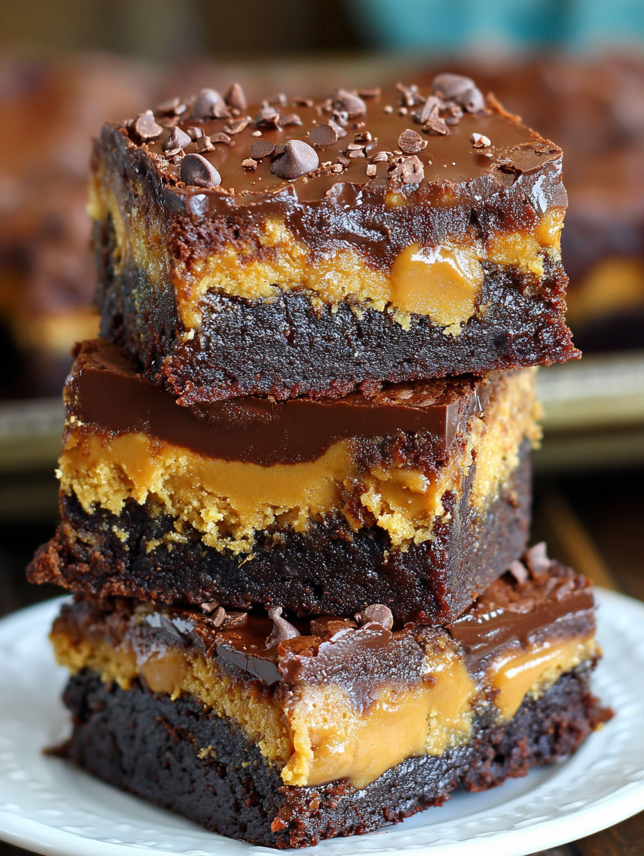 Three slices of peanut butter brownies.