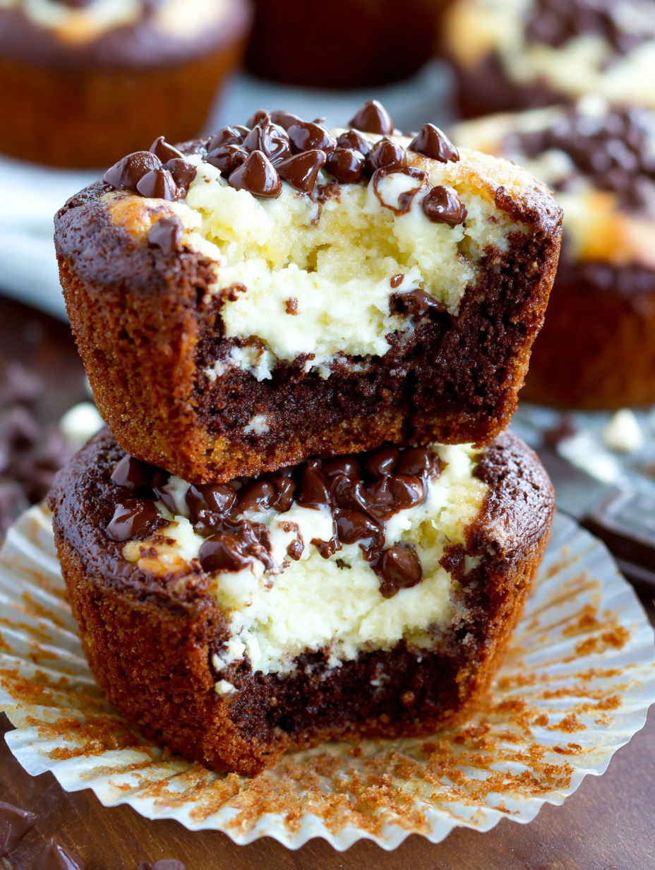 Two chocolate chip muffins with white frosting.