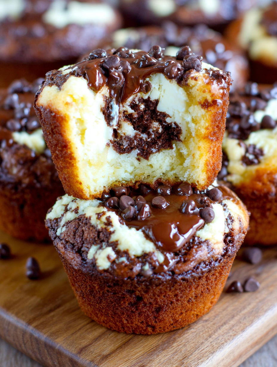 A close up of a chocolate chip muffin with chocolate drizzled on top.