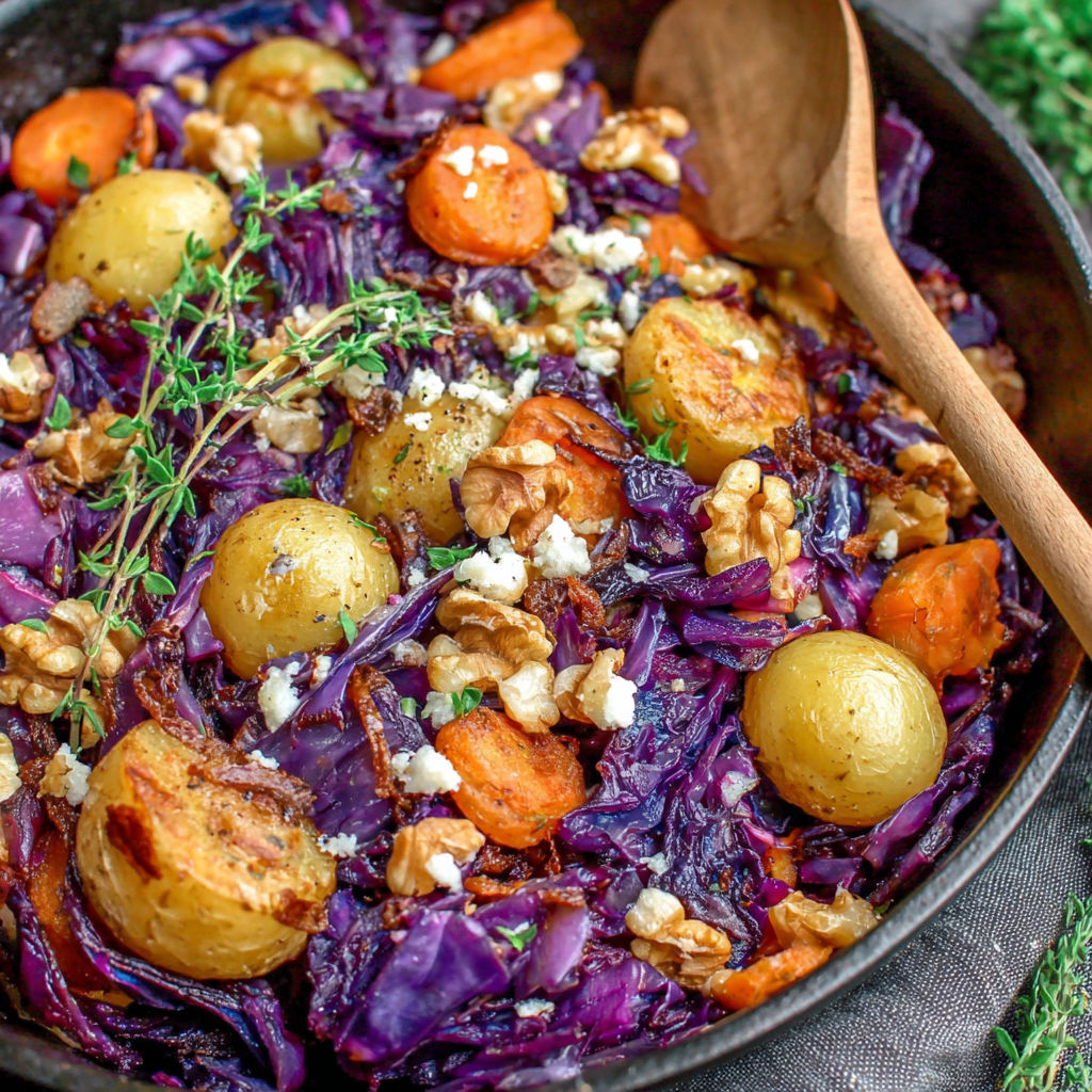 A bowl of vegetables including potatoes, carrots, and cabbage.