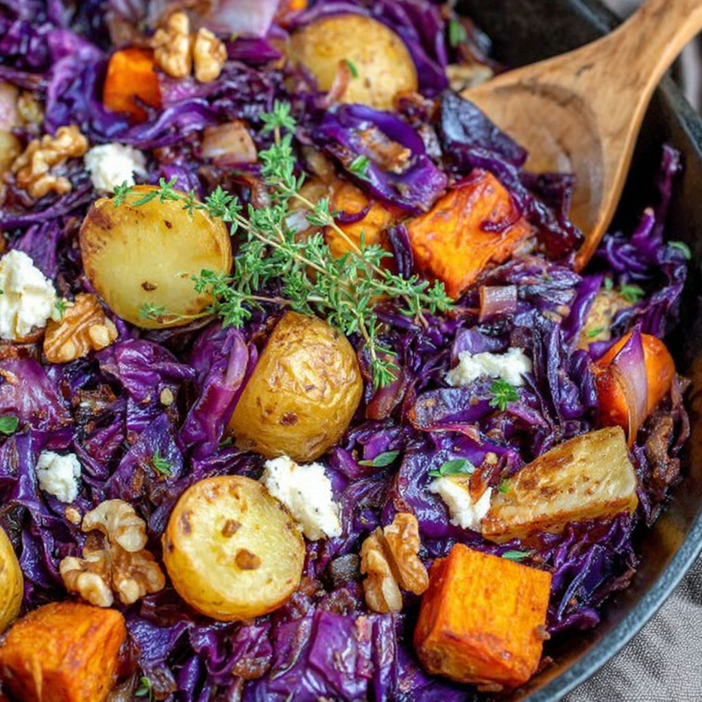 A bowl of vegetables including potatoes, cabbage, and carrots.