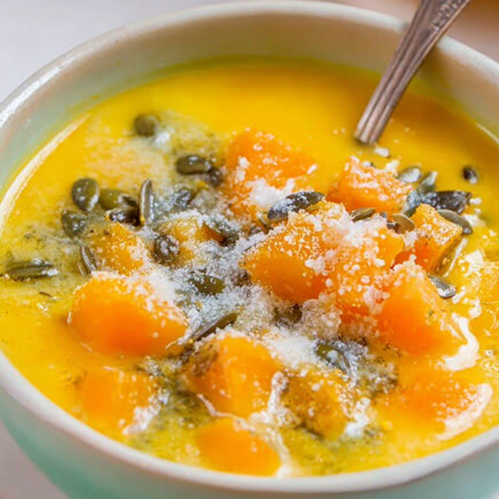 A bowl of soup with a spoon in it.