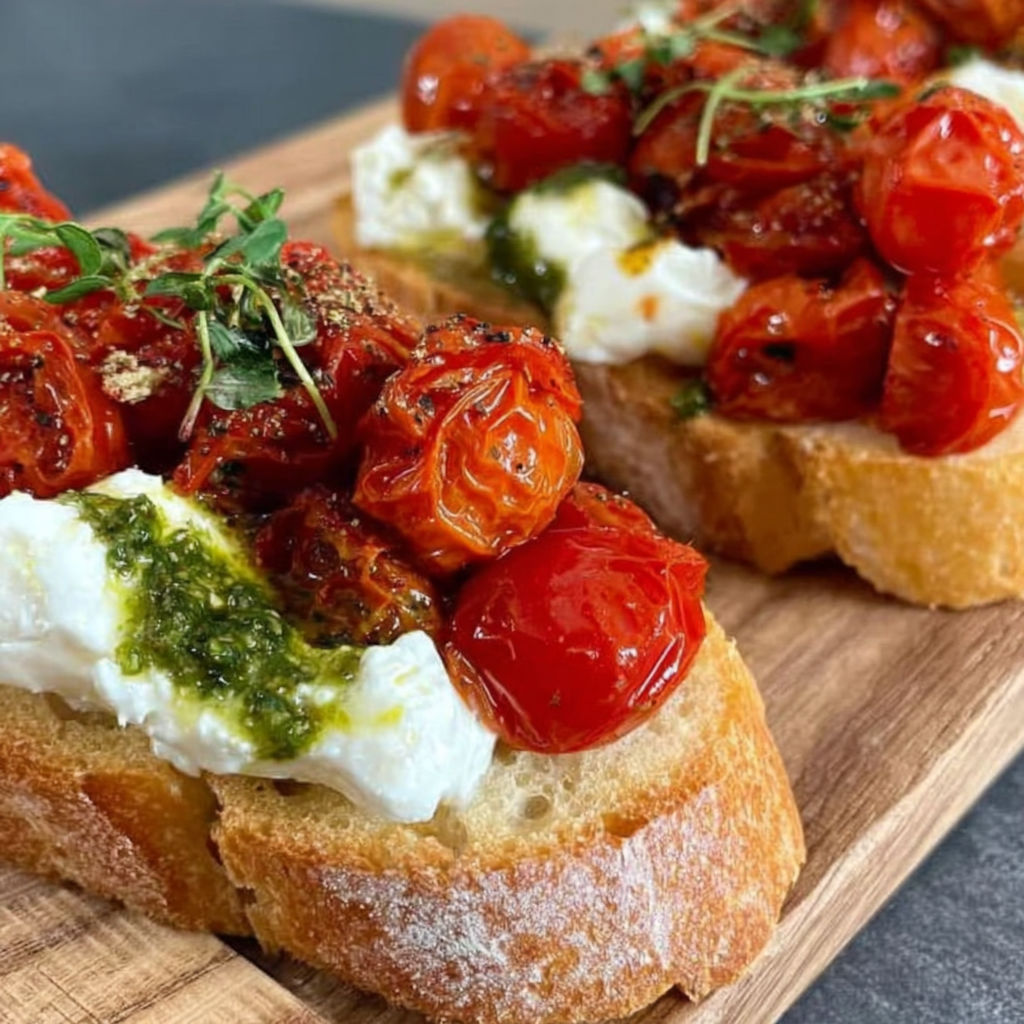 A plate of food with tomatoes and cheese on top.