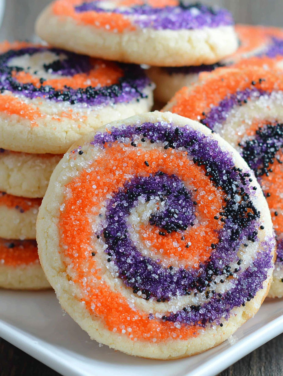 A plate of spiral cookies with orange and purple frosting.