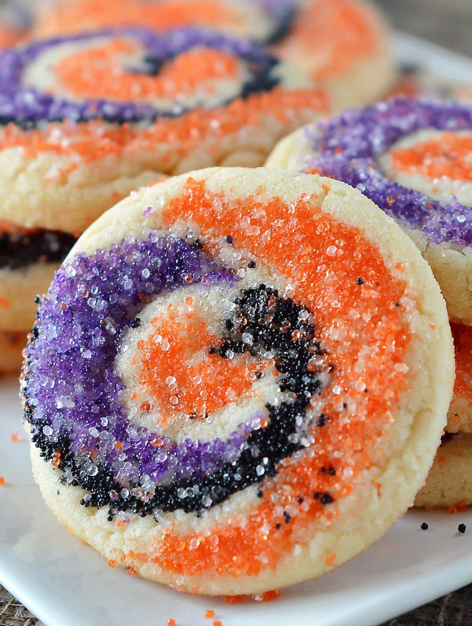 Halloween cookies with orange and black sprinkles.