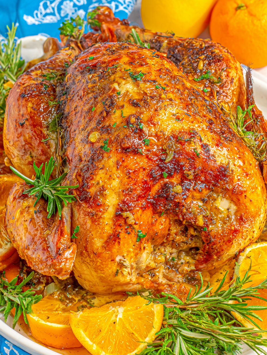 A juicy oven roasted turkey with herbs and spices.