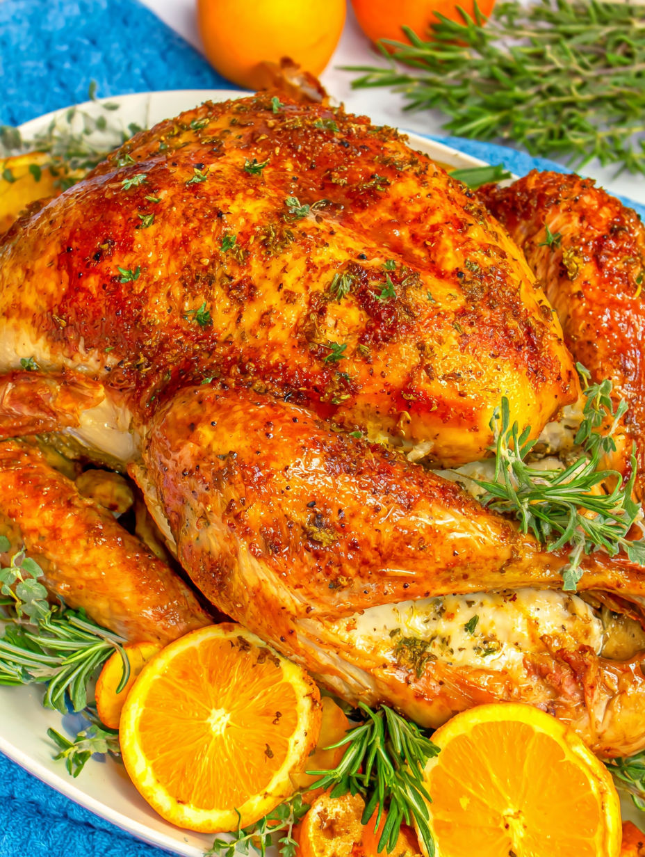 A juicy oven roasted turkey with herbs and oranges.