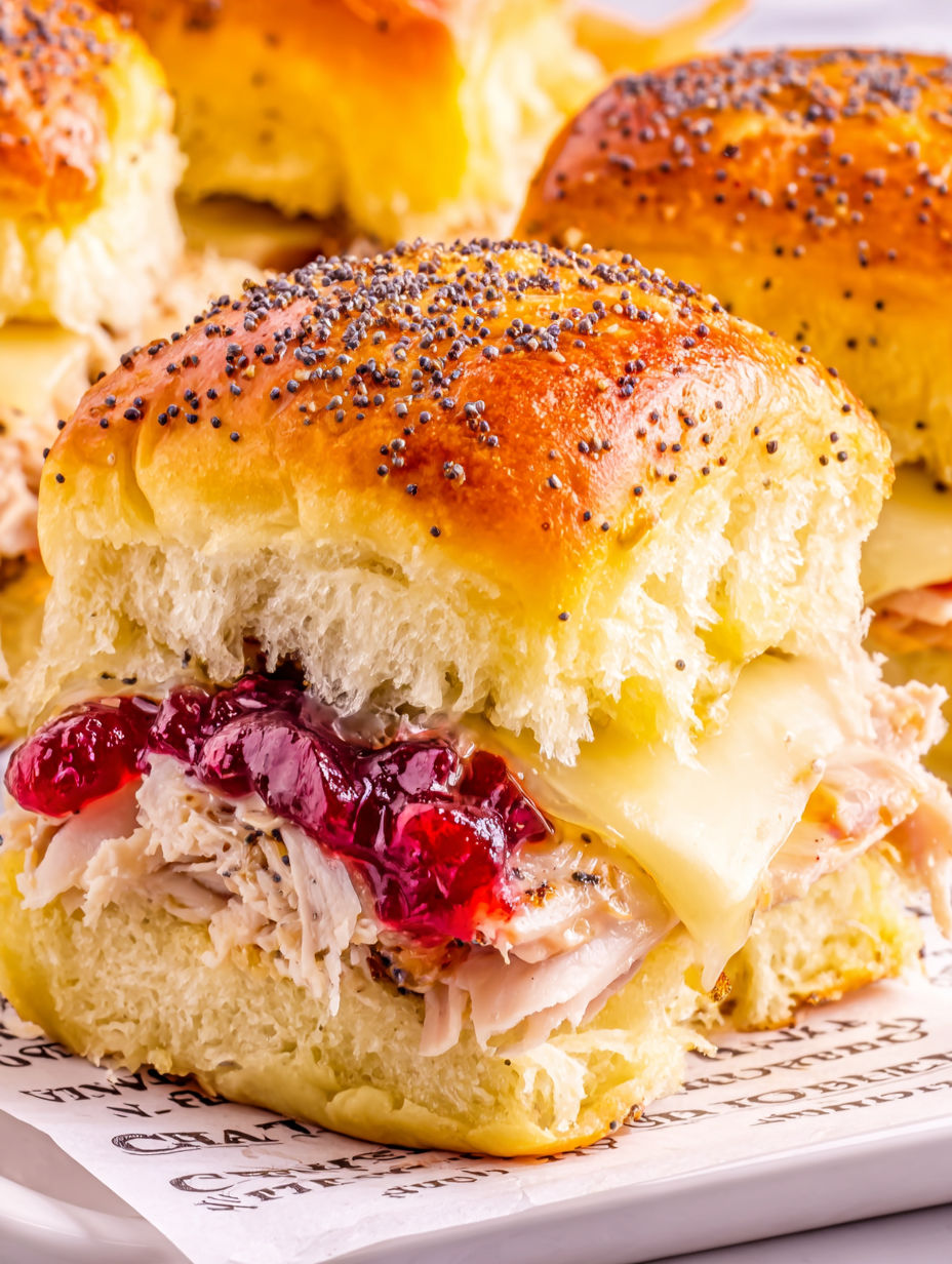 Turkey and cheese sliders with sesame seeds on top.
