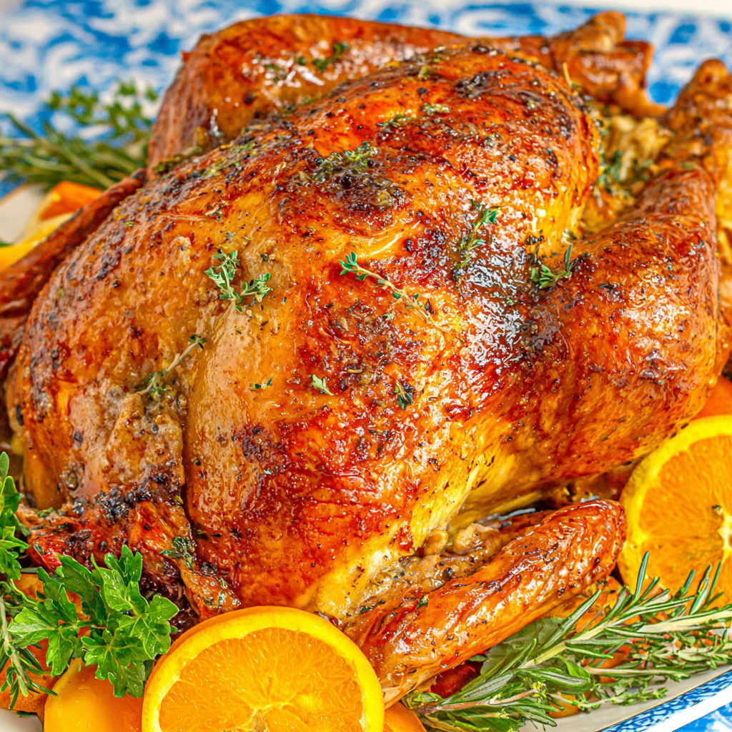 A juicy oven roasted turkey with herbs and oranges.